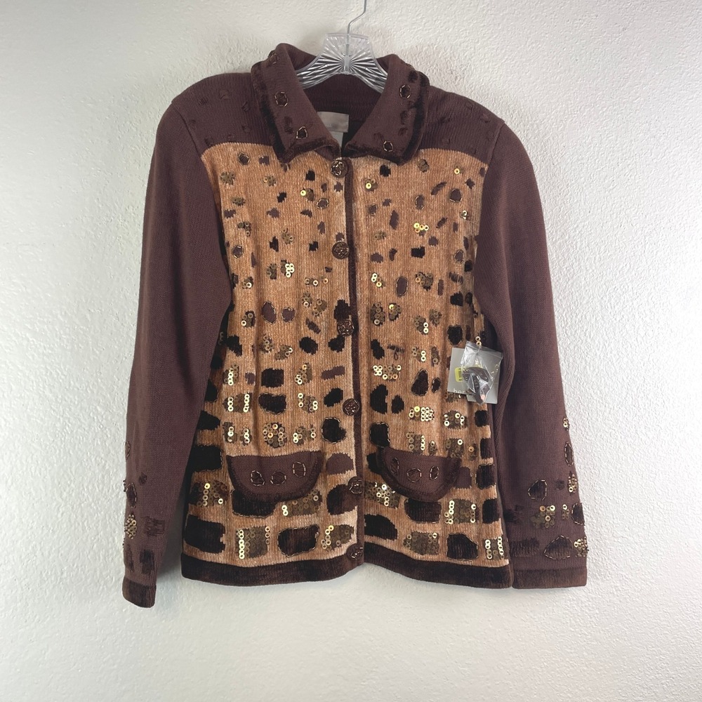 Berek Cardigan Sweater Size‎ M Brown Animal Print Sequin Vintage Mob Wife 493420
